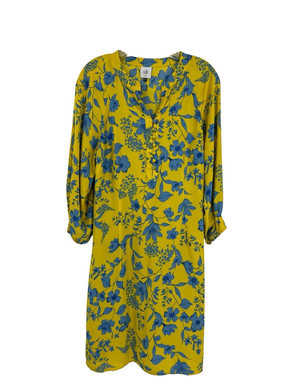 Cabi Lemon Drop Shift Dress Yellow Blue Floral 3/4 Sleeve lightweight SZ M